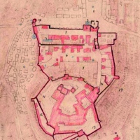 Rechts neben dem Schloss sieht man den Weinberg, darüber den Park (Archiv / Plan von Knoch aus dem Jahr 1735.)